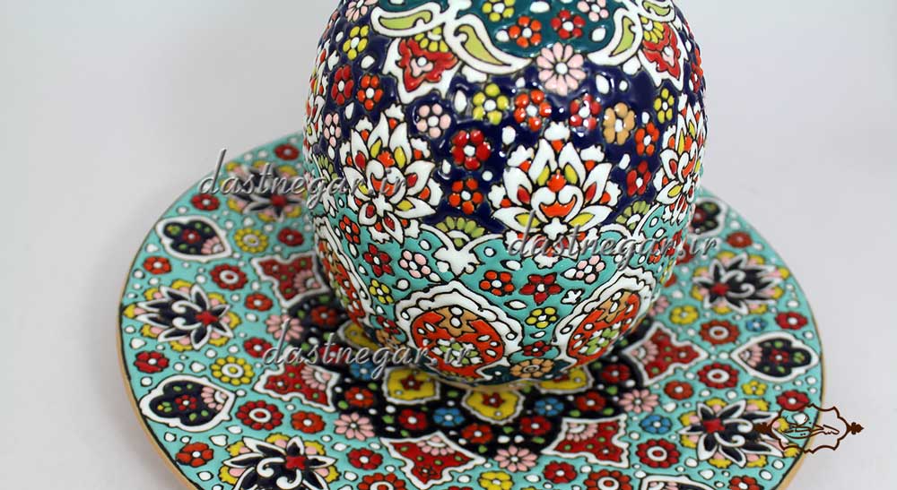 ست گلدان و بشقاب میناکاری 2 پارچه برجسته مینا کاری روی سفال میناکاری ظرف ظروف