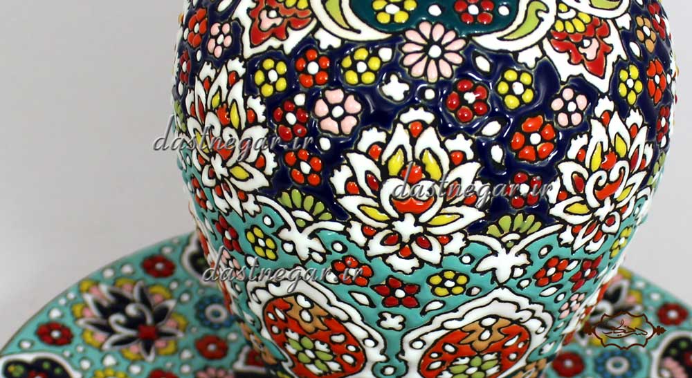 ست گلدان و بشقاب میناکاری 2 پارچه برجسته مینا کاری روی سفال میناکاری ظرف ظروف