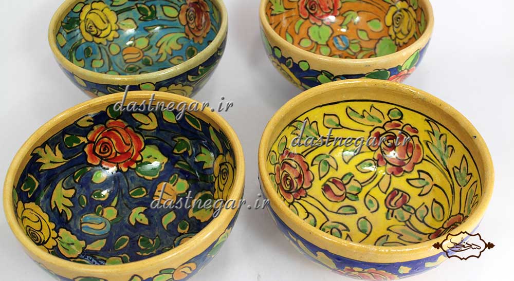 ست ظروف پذیرایی 4 پارچه کد 170 پایه دار پذیرایی رومیزی سنتی دست ساز رنگی طرح دار گلدار گل دار صنایع دستی گل سرخی آبی فیروزه ای عروس جهیزی