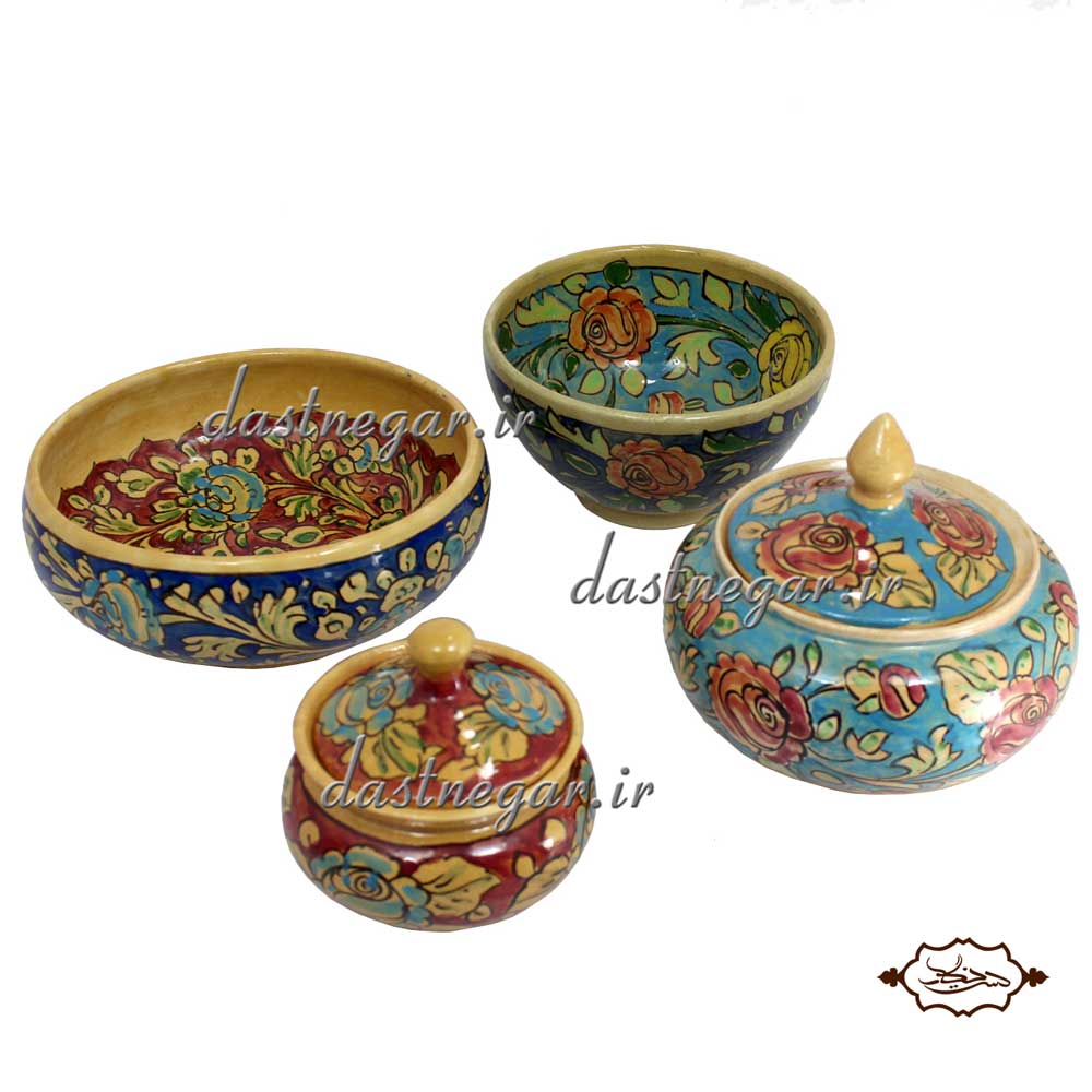 ست ظروف پذیرایی 6 پارچه کد 171 پایه دار پذیرایی رومیزی سنتی دست ساز رنگی طرح دار گلدار گل دار صنایع دستی گل سرخی آبی فیروزه ای عروس جهیزی