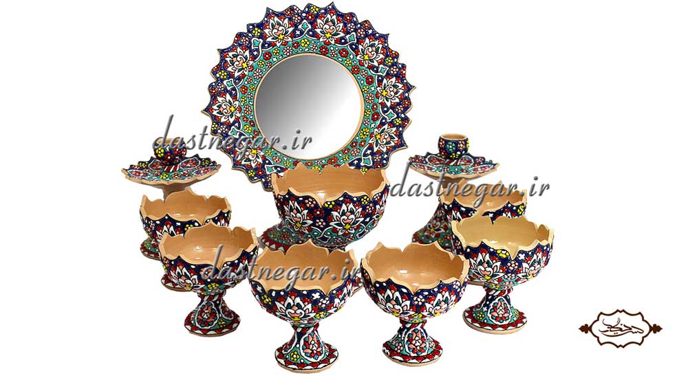 هفت سین میناکاری طرح  نریمان برجسته مینا کاری روی سفال میناکاری ظرف ظروف هفتسین سفره  هفت سین 