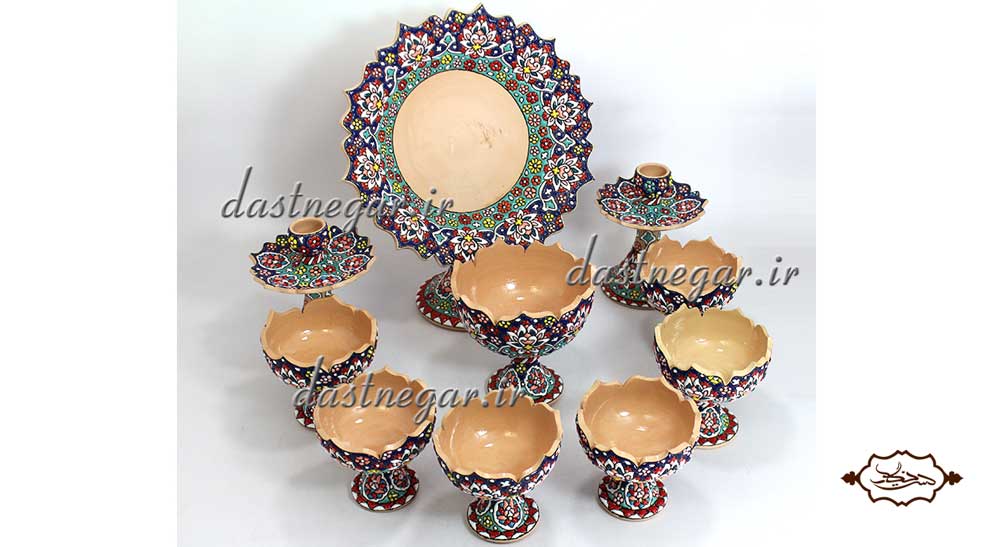 هفت سین میناکاری طرح  نریمان برجسته مینا کاری روی سفال میناکاری ظرف ظروف هفتسین سفره  هفت سین 