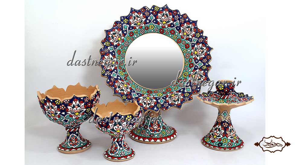 هفت سین میناکاری طرح  نریمان برجسته مینا کاری روی سفال میناکاری ظرف ظروف هفتسین سفره  هفت سین 