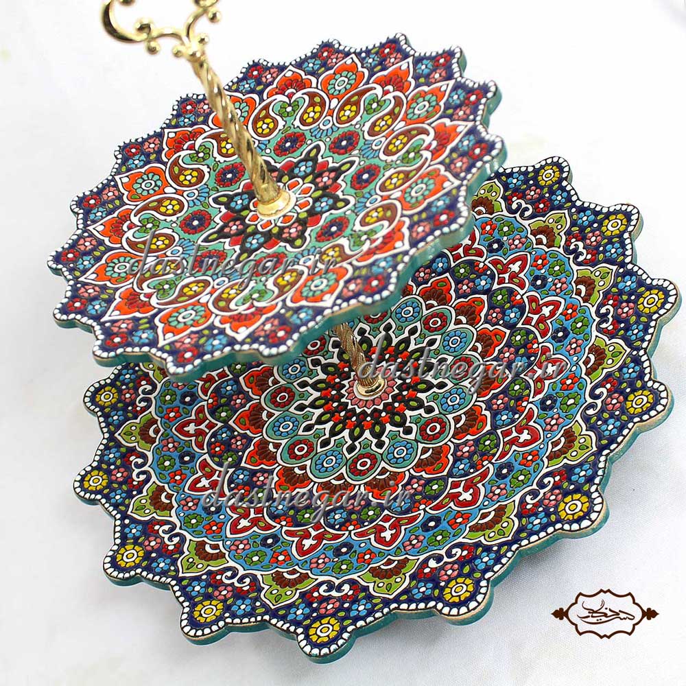 شیرینی خوری میناکاری دوطبقه کد 265 برجسته مینا کاری روی سفال میناکاری ظرف ظروف